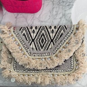 Antik Kraft Black and Cream Beaded Fringe Clutch